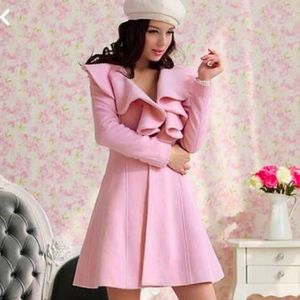 Traveler Pink Lapel Single Button Ruffle Woolen Pea Coat